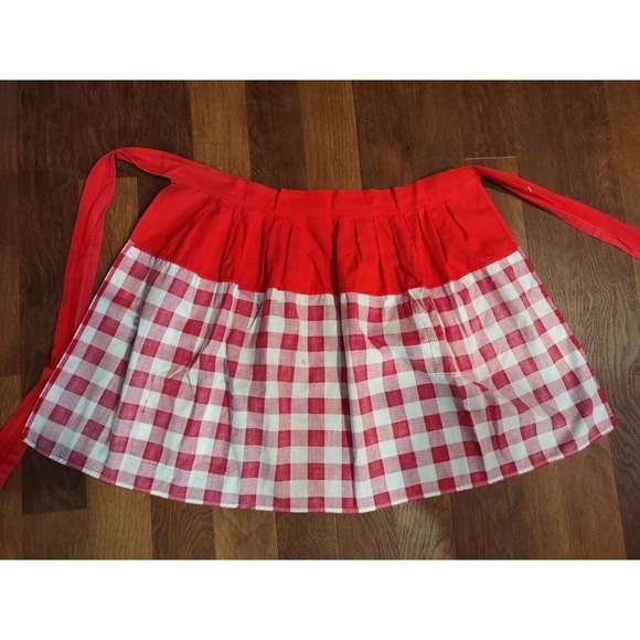 VINTAGE Half Apron Gingham Red & White Checkered Check Gingham Tie Pockets FLAW - Picture 5 of 6